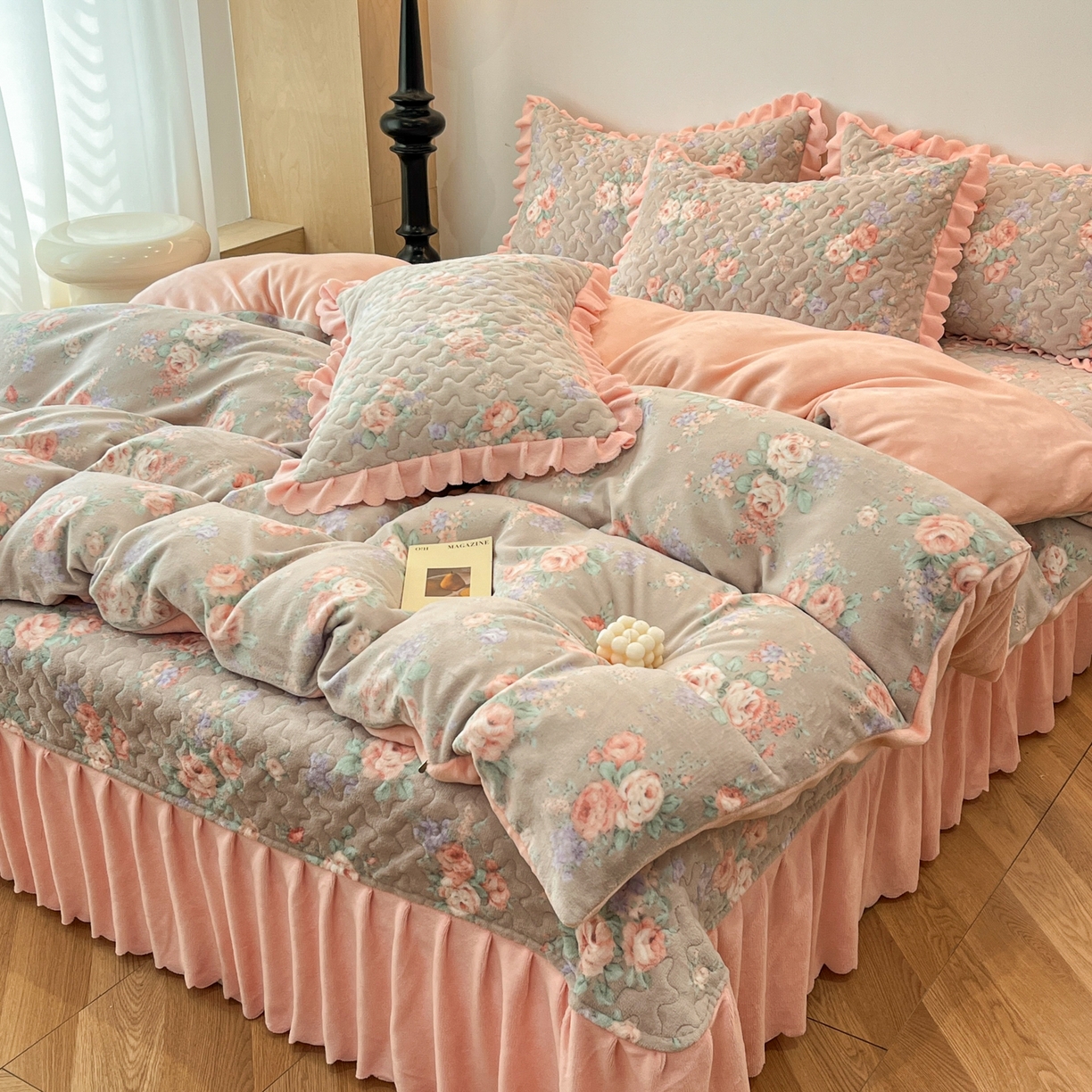 91家纺网 家纺一手货源 找家纺 金梦家居 2025新款高克重牛奶绒床盖四件套 暗香玫瑰