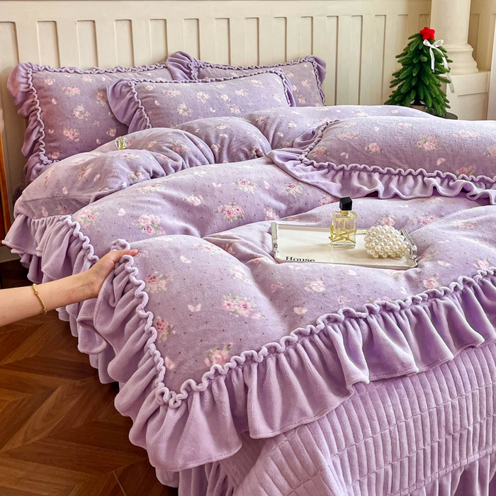 尚美 2025新款法式复古风大花边绒床盖被套四件套（花边随机） 复古风紫庄园