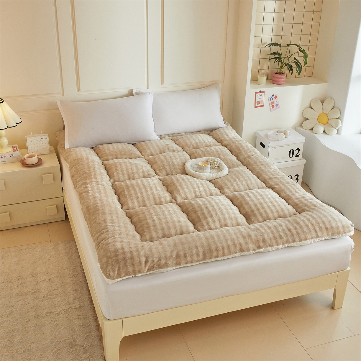 91家纺网 家纺一手货源 找家纺 柒尚 2025新款A类兔兔绒亲肤磨毛羽丝棉垫 卡其