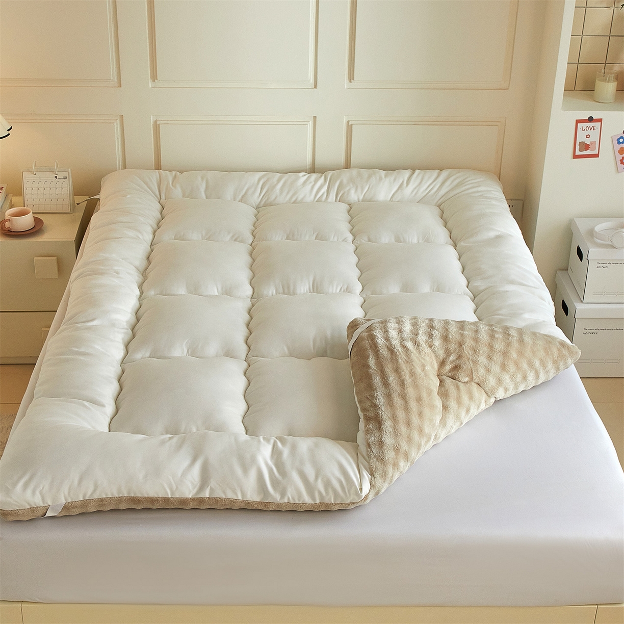 91家纺网 家纺一手货源 找家纺 柒尚 2025新款A类兔兔绒亲肤磨毛羽丝棉垫 卡其