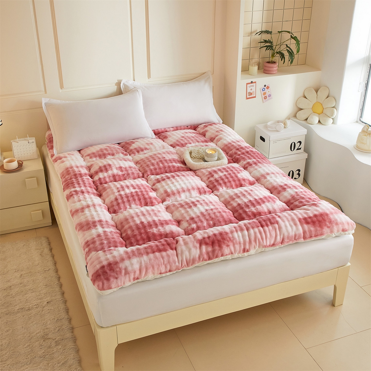 91家纺网 家纺一手货源 找家纺 柒尚 2025新款A类兔兔绒亲肤磨毛羽丝棉垫 梦幻-胭脂红