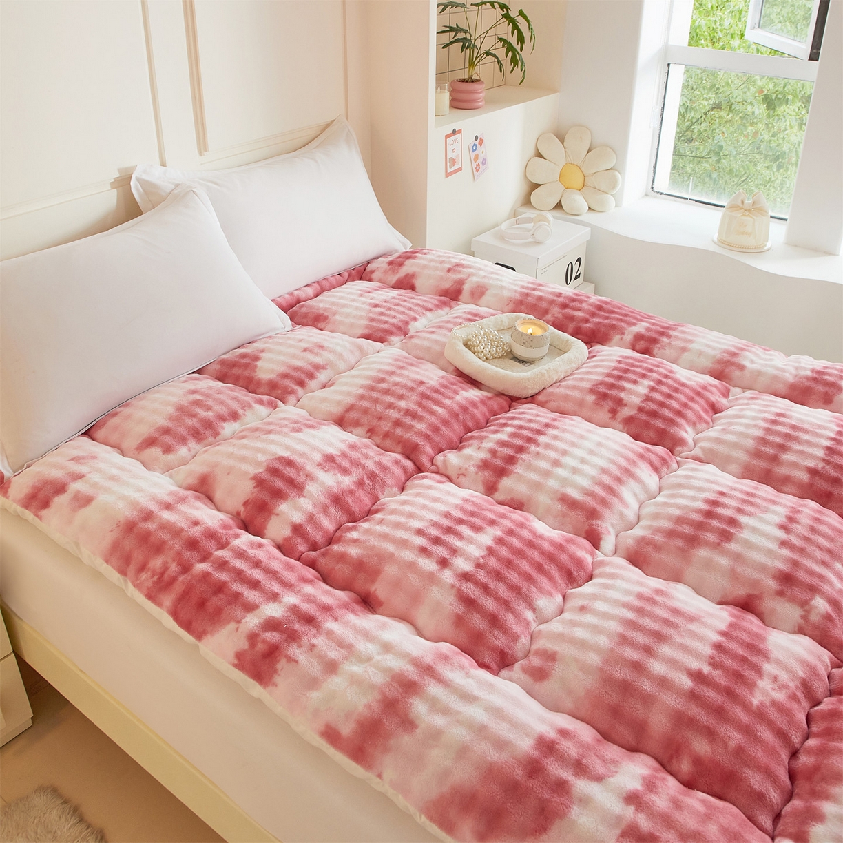 91家纺网 家纺一手货源 找家纺 柒尚 2025新款A类兔兔绒亲肤磨毛羽丝棉垫 梦幻-胭脂红