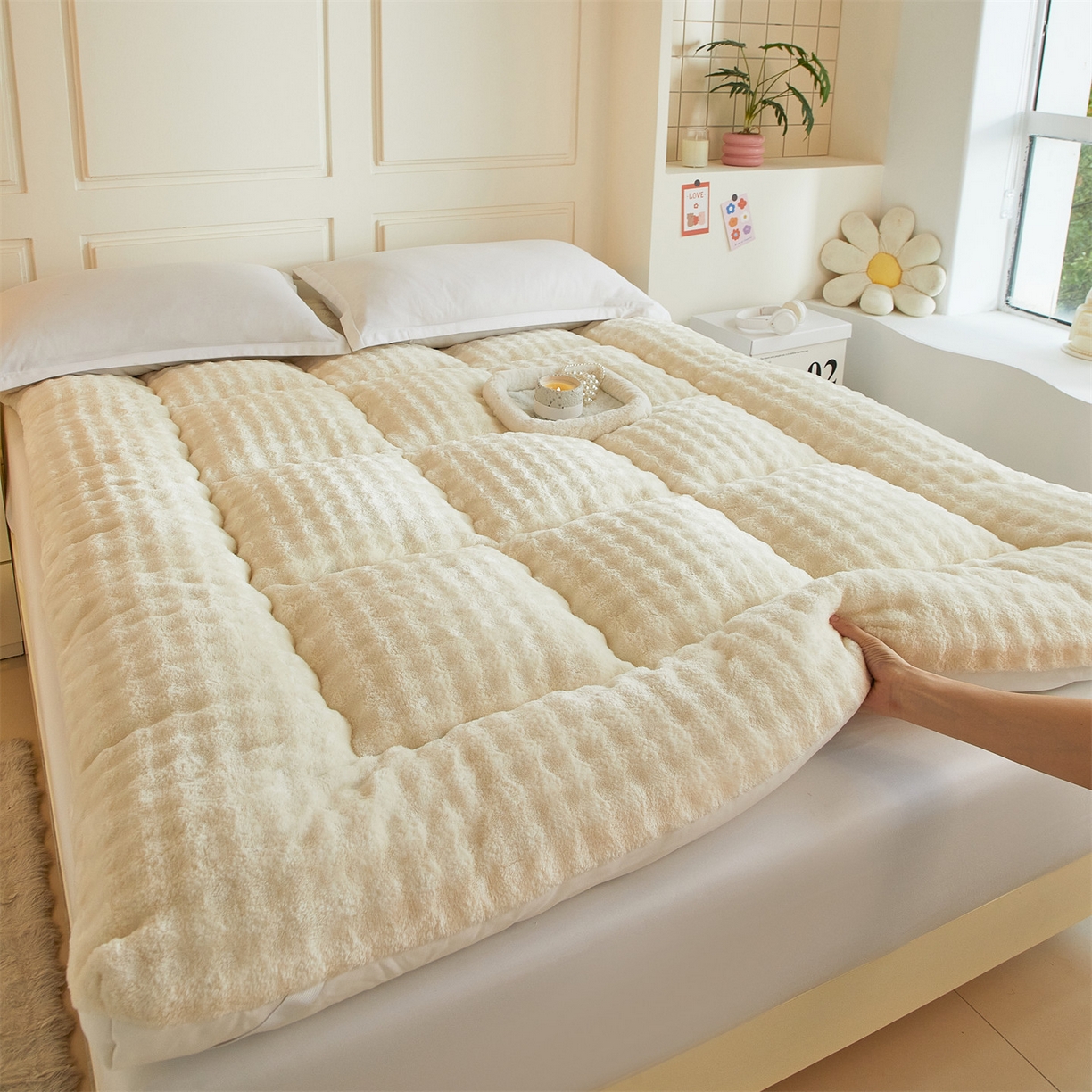 91家纺网 家纺一手货源 找家纺 柒尚 2025新款A类兔兔绒亲肤磨毛羽丝棉垫 奶油黄