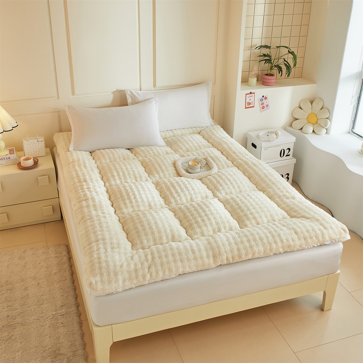 91家纺网 家纺一手货源 找家纺 柒尚 2025新款A类兔兔绒亲肤磨毛羽丝棉垫 奶油黄