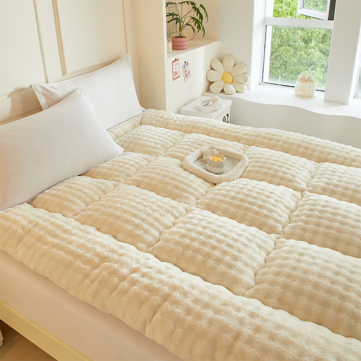 91家纺网 家纺一手货源 找家纺 柒尚 2025新款A类兔兔绒亲肤磨毛羽丝棉垫 奶油黄