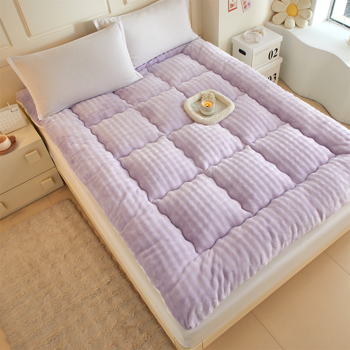 91家纺网 家纺一手货源 找家纺 柒尚 2025新款A类兔兔绒亲肤磨毛羽丝棉垫 葡萄紫