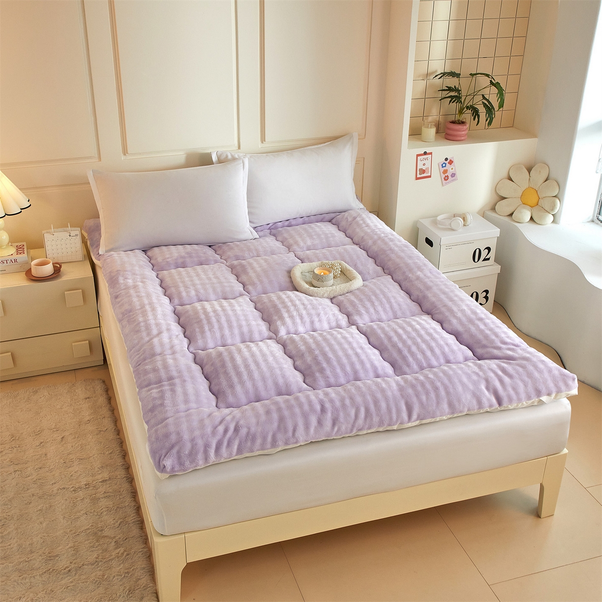 91家纺网 家纺一手货源 找家纺 柒尚 2025新款A类兔兔绒亲肤磨毛羽丝棉垫 葡萄紫