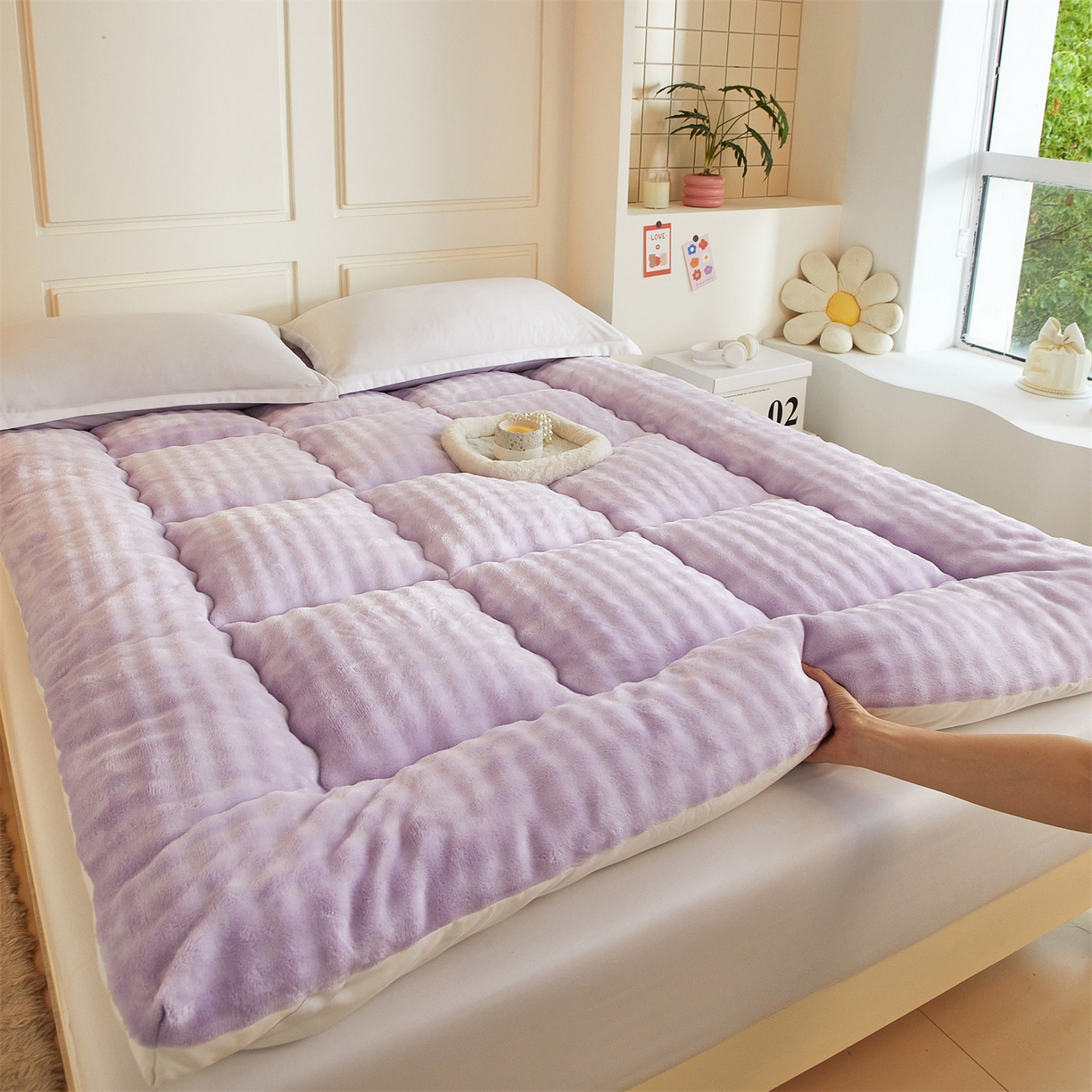 91家纺网 家纺一手货源 找家纺 柒尚 2025新款A类兔兔绒亲肤磨毛羽丝棉垫 葡萄紫