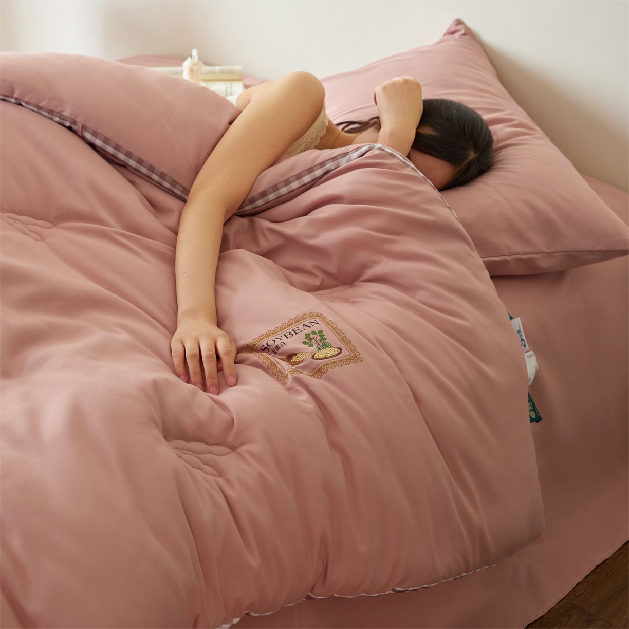 91家纺网 家纺一手货源 找家纺 头等舱  2025新款四季棉纯色A类20大豆7A抗菌秋冬被（模特图） 谧境-豆沙粉
