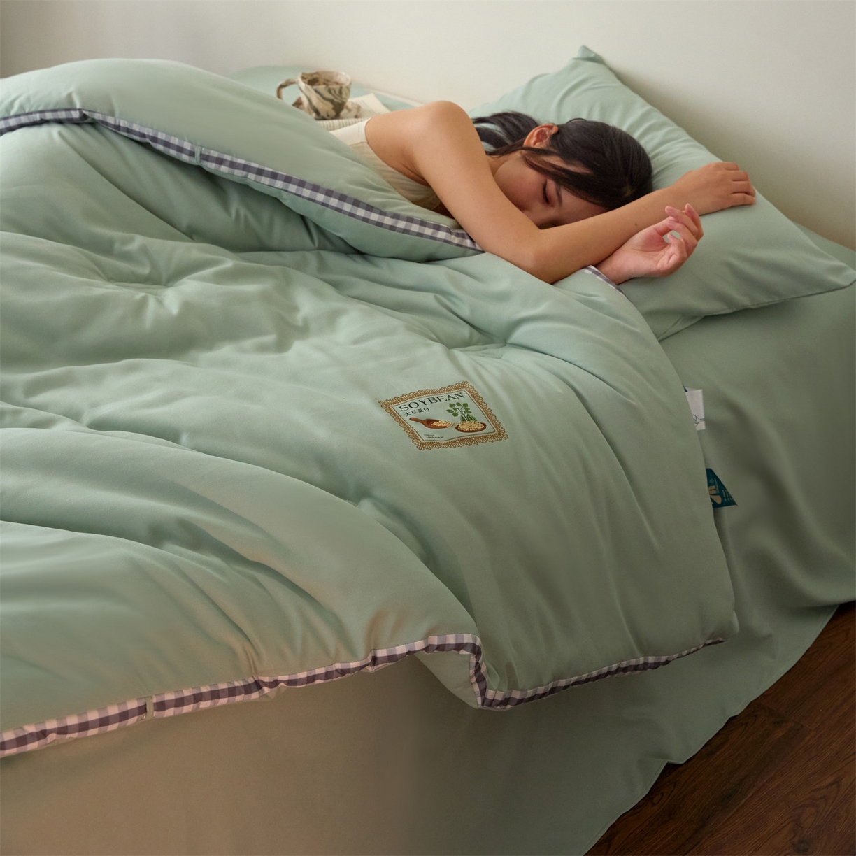 91家纺网 家纺一手货源 找家纺 头等舱  2025新款四季棉纯色A类20大豆7A抗菌秋冬被（模特图） 谧境-浅绿