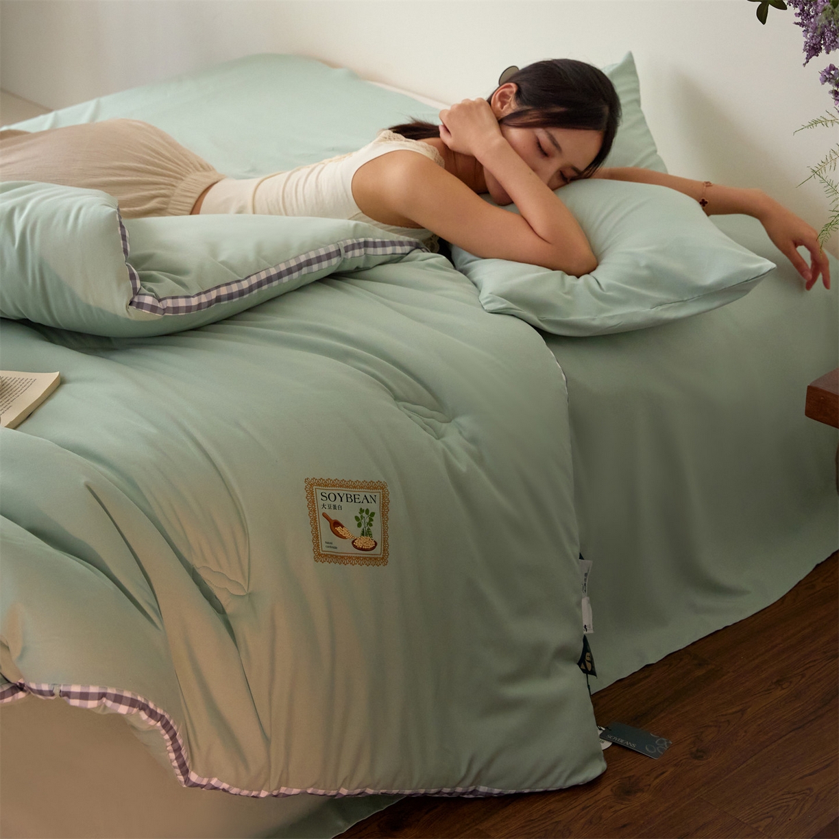91家纺网 家纺一手货源 找家纺 头等舱  2025新款四季棉纯色A类20大豆7A抗菌秋冬被（模特图） 谧境-浅绿