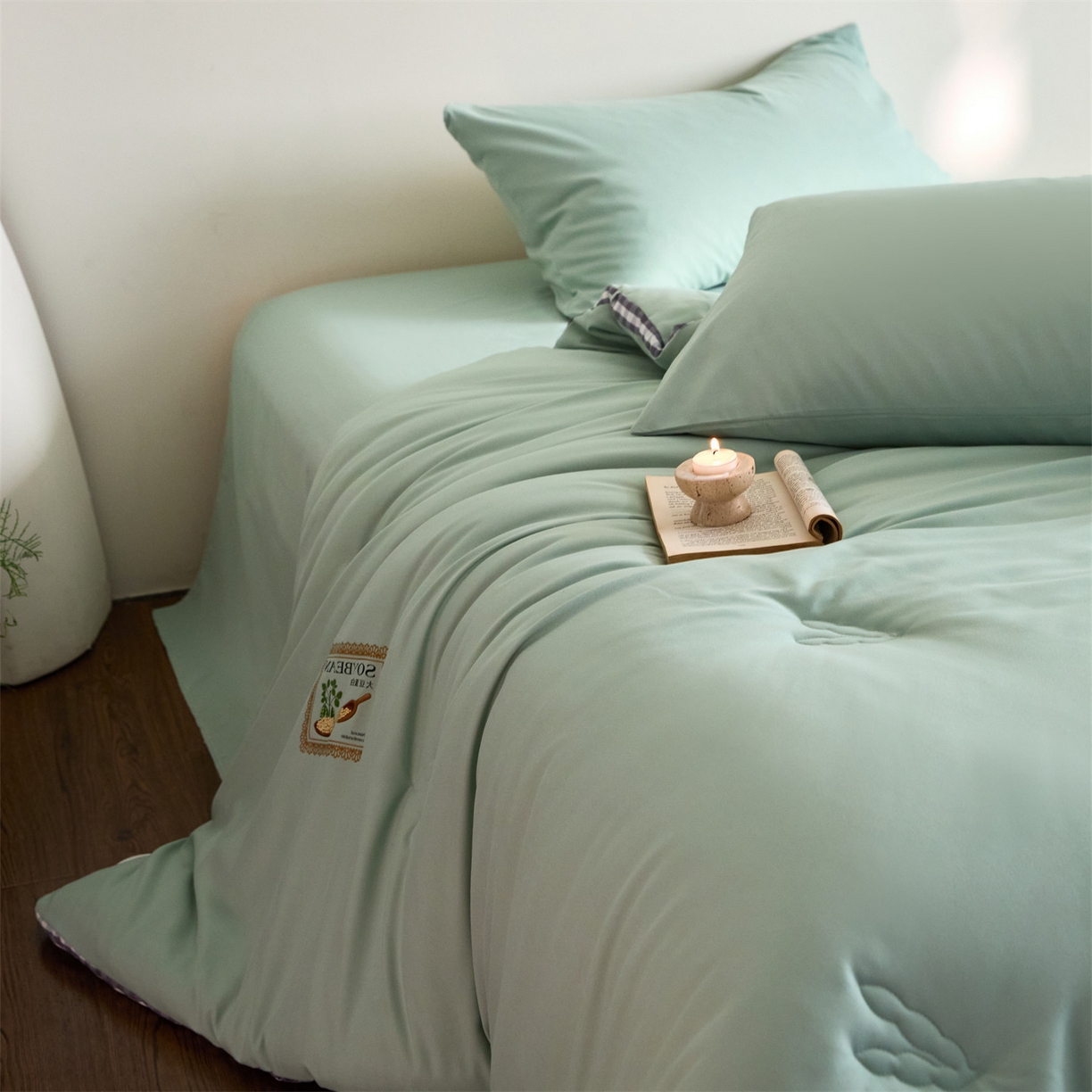 91家纺网 家纺一手货源 找家纺 头等舱  2025新款四季棉纯色A类20大豆7A抗菌秋冬被（空镜） 谧境-浅绿