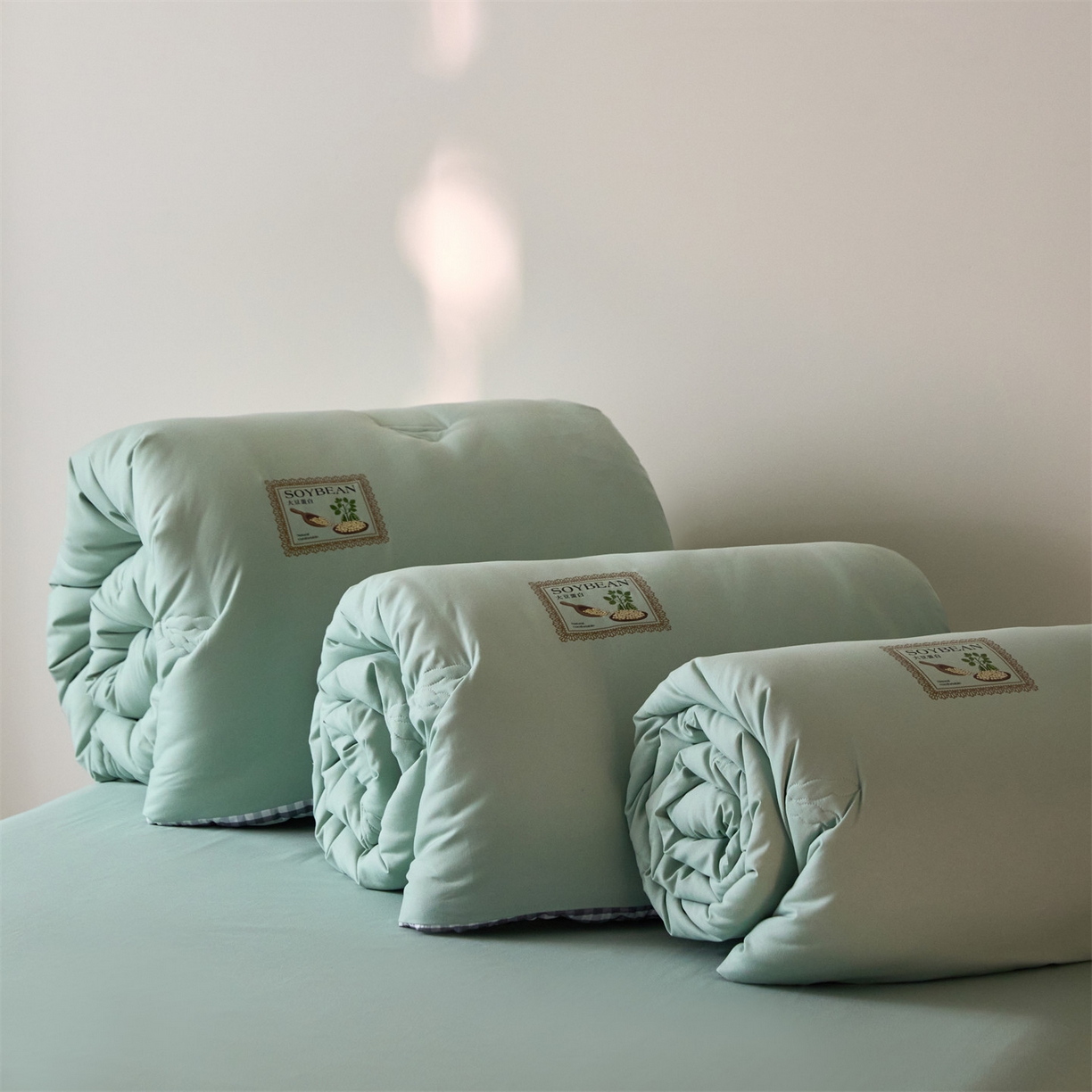 91家纺网 家纺一手货源 找家纺 头等舱  2025新款四季棉纯色A类20大豆7A抗菌秋冬被（空镜） 谧境-浅绿