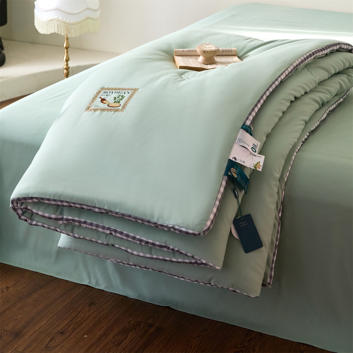 91家纺网 家纺一手货源 找家纺 头等舱  2025新款四季棉纯色A类20大豆7A抗菌秋冬被（空镜） 谧境-浅绿