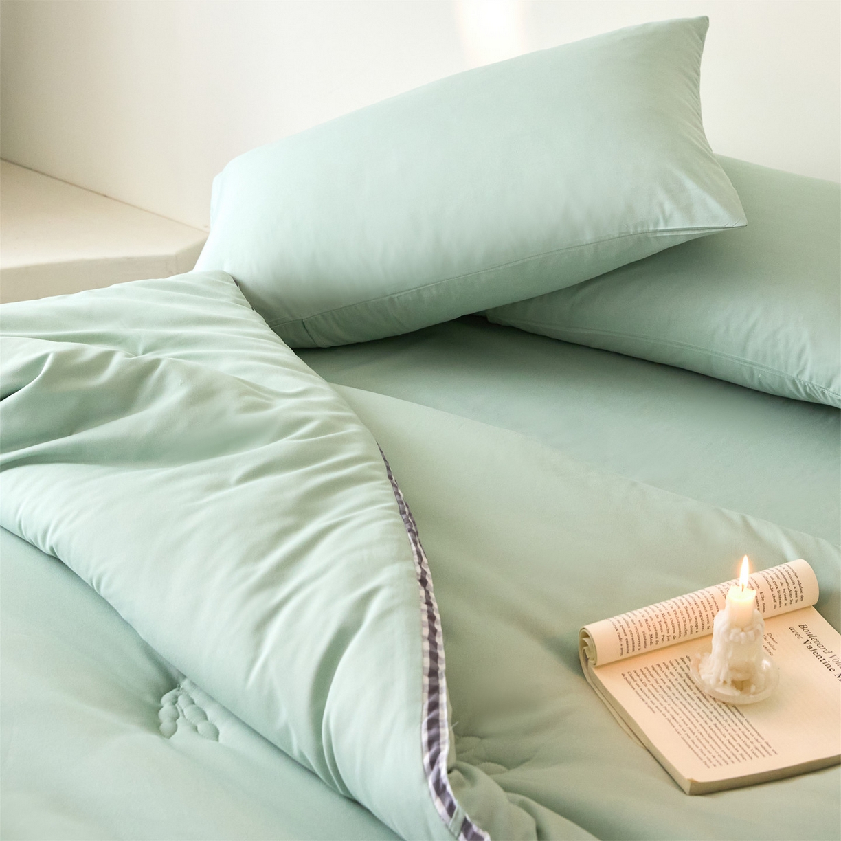 91家纺网 家纺一手货源 找家纺 头等舱  2025新款四季棉纯色A类20大豆7A抗菌秋冬被（空镜） 谧境-浅绿