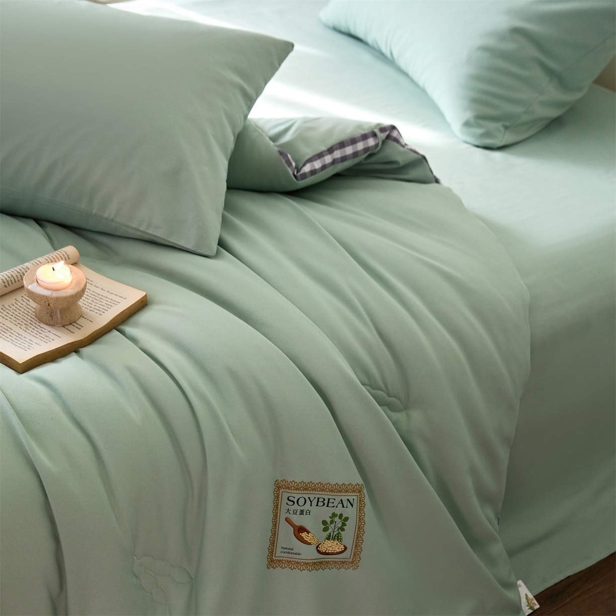 91家纺网 家纺一手货源 找家纺 头等舱  2025新款四季棉纯色A类20大豆7A抗菌秋冬被（空镜） 谧境-浅绿