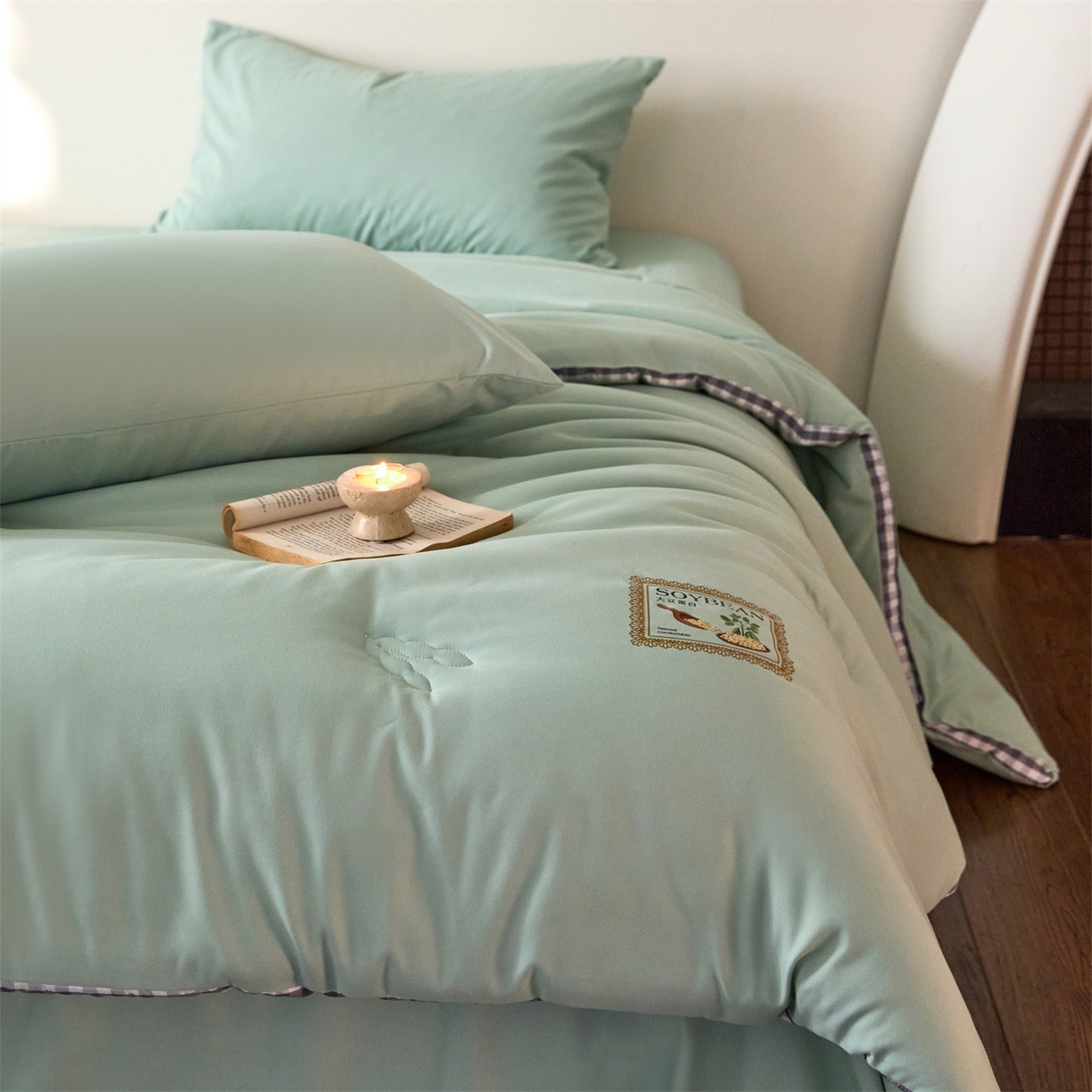 91家纺网 家纺一手货源 找家纺 头等舱  2025新款四季棉纯色A类20大豆7A抗菌秋冬被（空镜） 谧境-浅绿