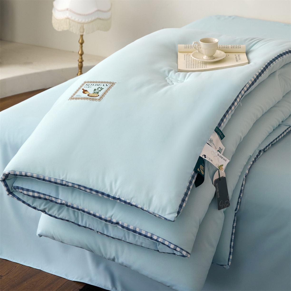 91家纺网 家纺一手货源 找家纺 头等舱  2025新款四季棉纯色A类20大豆7A抗菌秋冬被（空镜） 谧境-水蓝