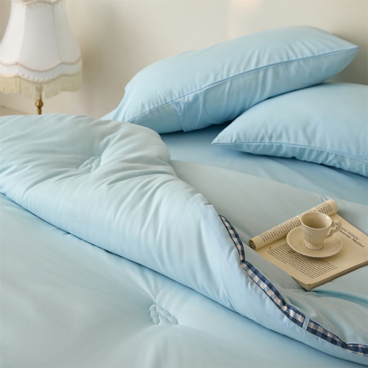 91家纺网 家纺一手货源 找家纺 头等舱  2025新款四季棉纯色A类20大豆7A抗菌秋冬被（空镜） 谧境-水蓝