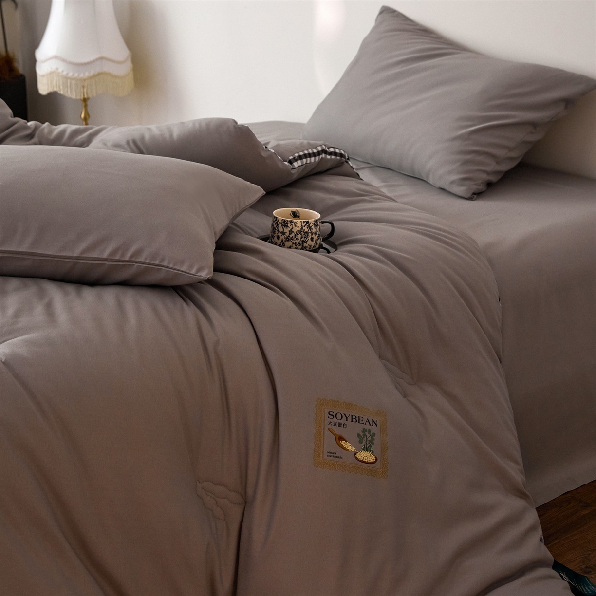 91家纺网 家纺一手货源 找家纺 头等舱  2025新款四季棉纯色A类20大豆7A抗菌秋冬被（空镜） 谧境-雅致灰