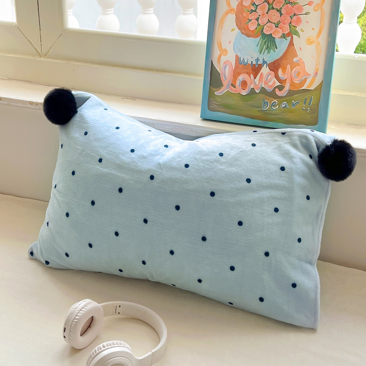 91家纺网 家纺一手货源 找家纺 丽涵家纺 2025新品全工艺牛奶绒印花枕套-波点球球款 波点-蓝色