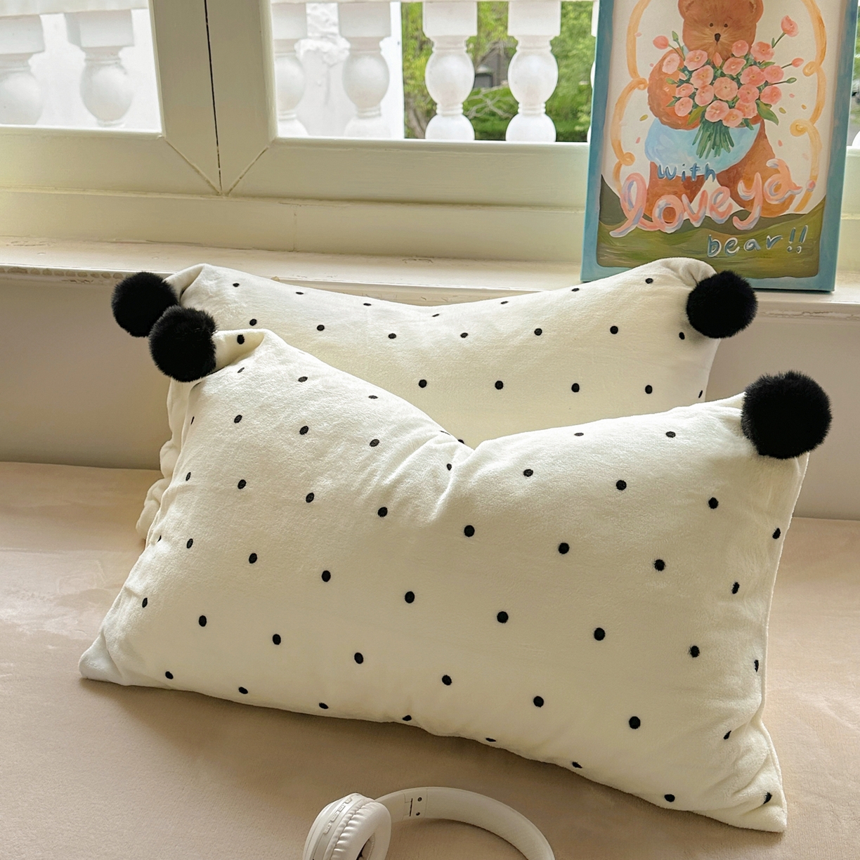 丽涵家纺 2025新品全工艺牛奶绒印花枕套-波点球球款 波点-奶白
