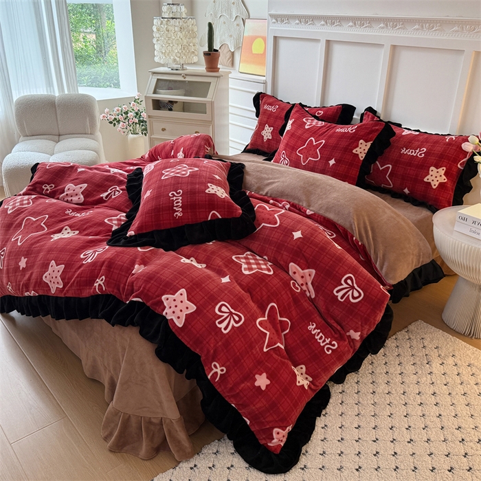 91家纺网 家纺一手货源 找家纺 艾特你 2025新款200g全工艺牛奶绒花边款四件套吊边床单 花边绒-圣诞星星