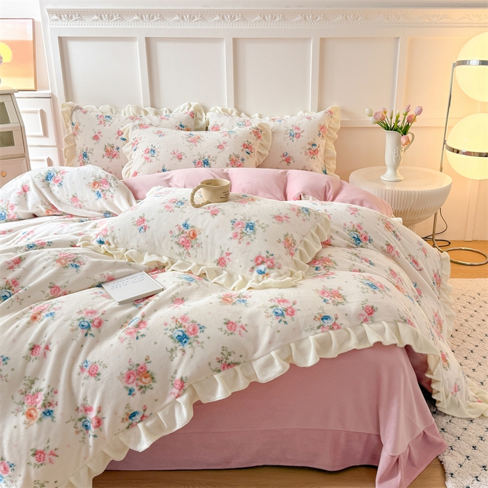 91家纺网 家纺一手货源 找家纺 艾特你 2025新款200g全工艺牛奶绒花边款四件套吊边床单 花边绒-甜美梦境