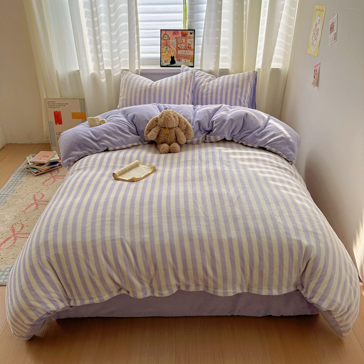 91家纺网 家纺一手货源 找家纺 繁花家居 2025新款条纹系列牛奶绒四件套 芋紫条纹