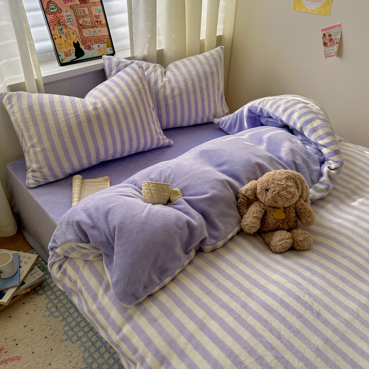 91家纺网 家纺一手货源 找家纺 繁花家居 2025新款条纹系列牛奶绒四件套 芋紫条纹