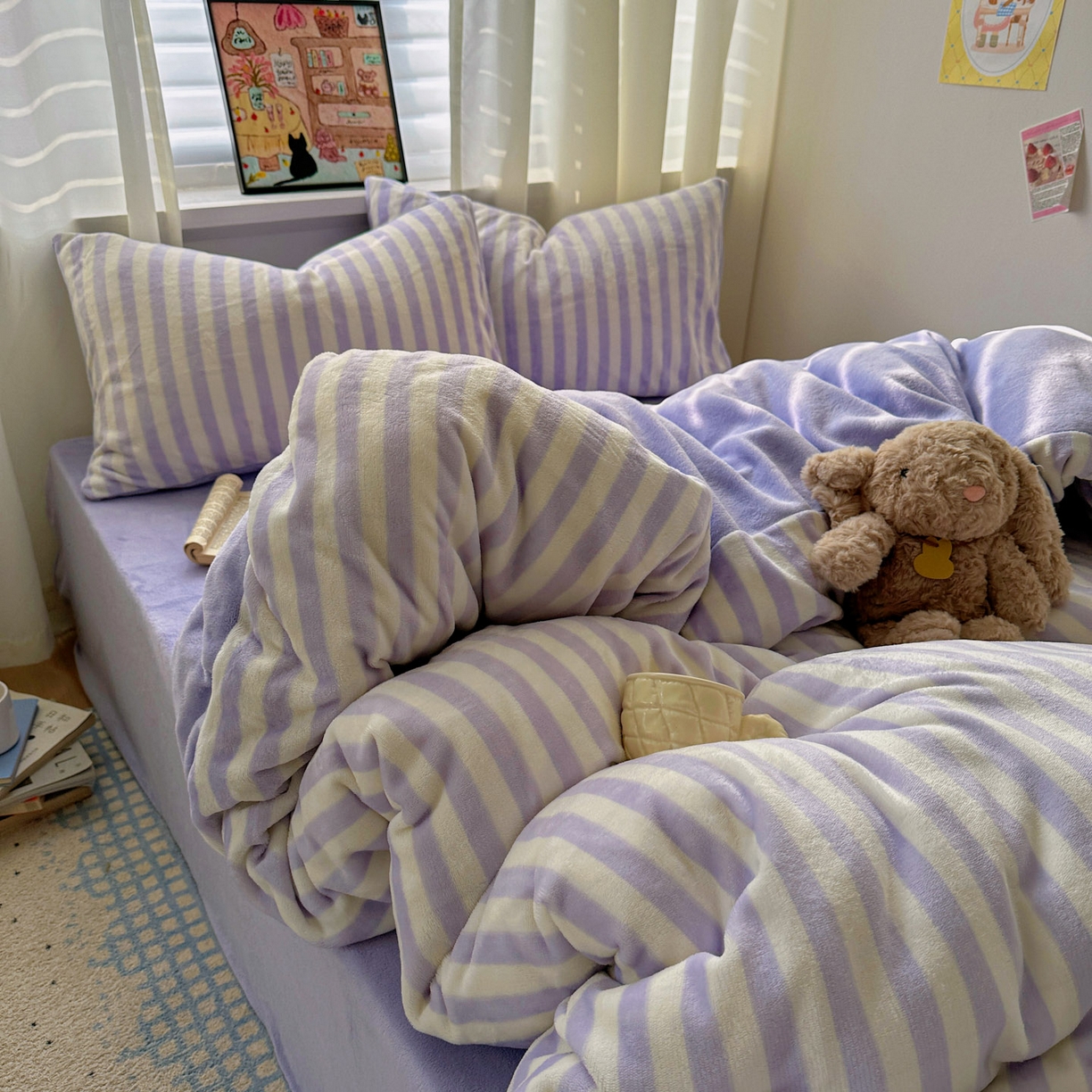 91家纺网 家纺一手货源 找家纺 繁花家居 2025新款条纹系列牛奶绒四件套 芋紫条纹