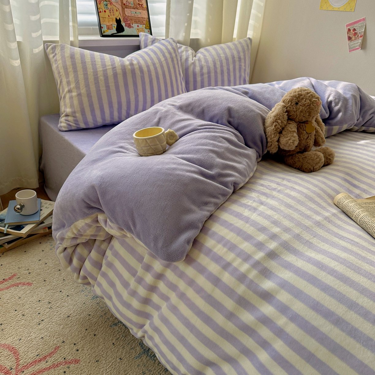 91家纺网 家纺一手货源 找家纺 繁花家居 2025新款条纹系列牛奶绒四件套 芋紫条纹