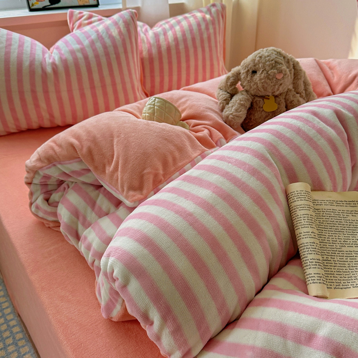 91家纺网 家纺一手货源 找家纺 繁花家居 2025新款条纹系列牛奶绒四件套 蜜豆粉条