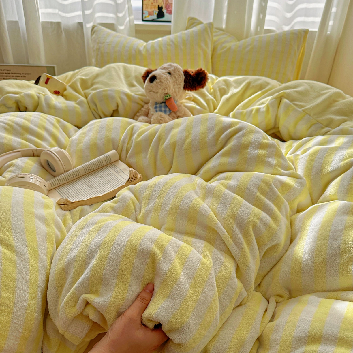 繁花家居 2025新款条纹系列牛奶绒四件套 蜜橙黄条