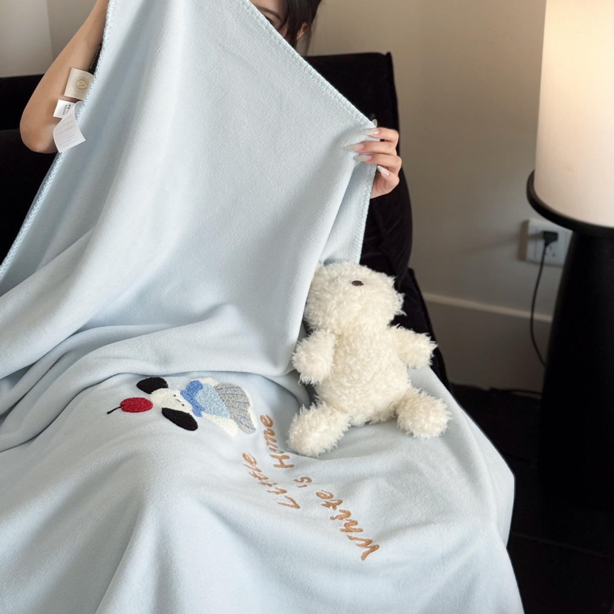 91家纺网 家纺一手货源 找家纺 云栖家居 2025新品双层加厚高克重消光沙发毯仿羊绒纯色刺绣盖毛毯毯子 小狗查理-蓝