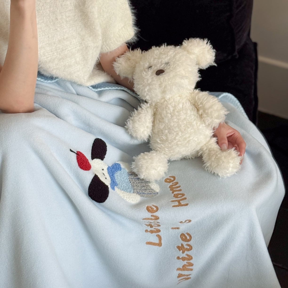 91家纺网 家纺一手货源 找家纺 云栖家居 2025新品双层加厚高克重消光沙发毯仿羊绒纯色刺绣盖毛毯毯子 小狗查理-蓝