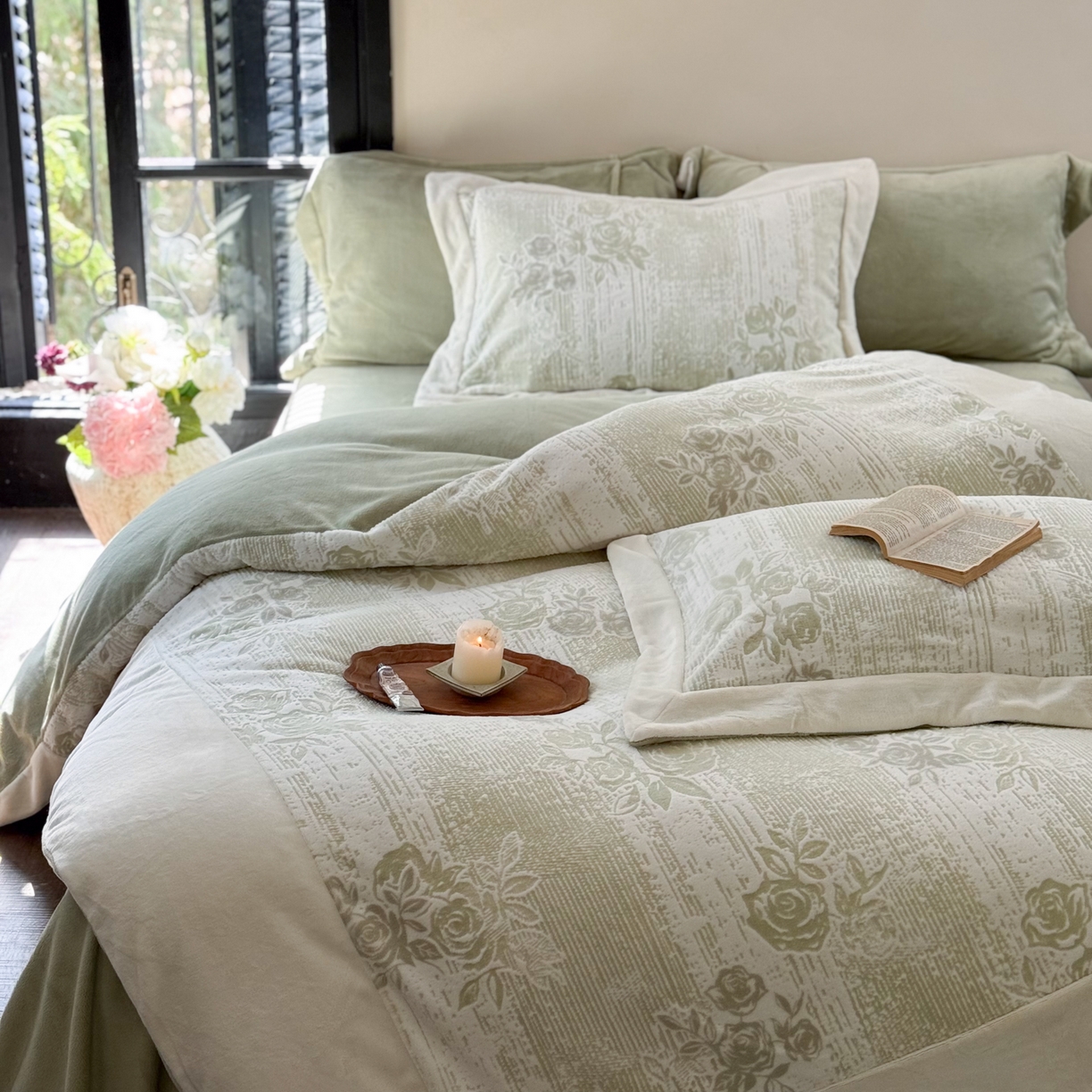 91家纺网 家纺一手货源 找家纺 云栖家居 2025秋冬新品立体消光印花雕花绒加厚高克重牛奶绒四件套星辰玫瑰 星辰玫瑰-绿