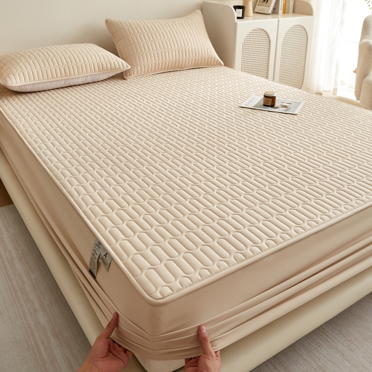 蕾诺家纺 2025新款 菱格水洗棉亲肤棉夹棉床笠 菱格-驼色