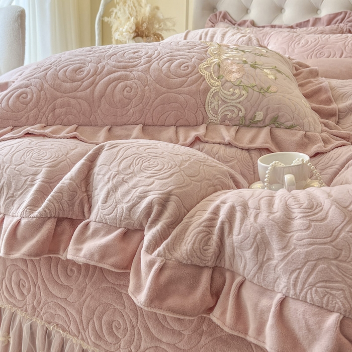 91家纺网 家纺一手货源 找家纺 恋尚 2025新款雕花牛奶绒保暖单床盖 床盖单件-巴黎春天（控价145） 巴黎春天-蜜桃粉