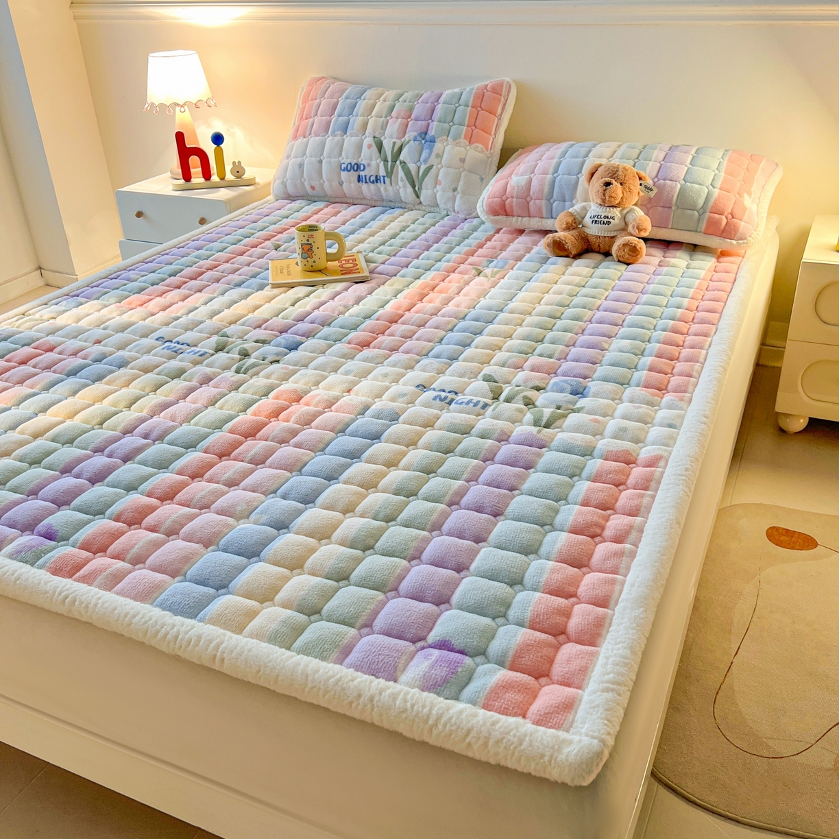 91家纺网 家纺一手货源 找家纺 喜居 2025新款A类水晶边牛奶绒夹棉床褥垫 彩虹郁金香