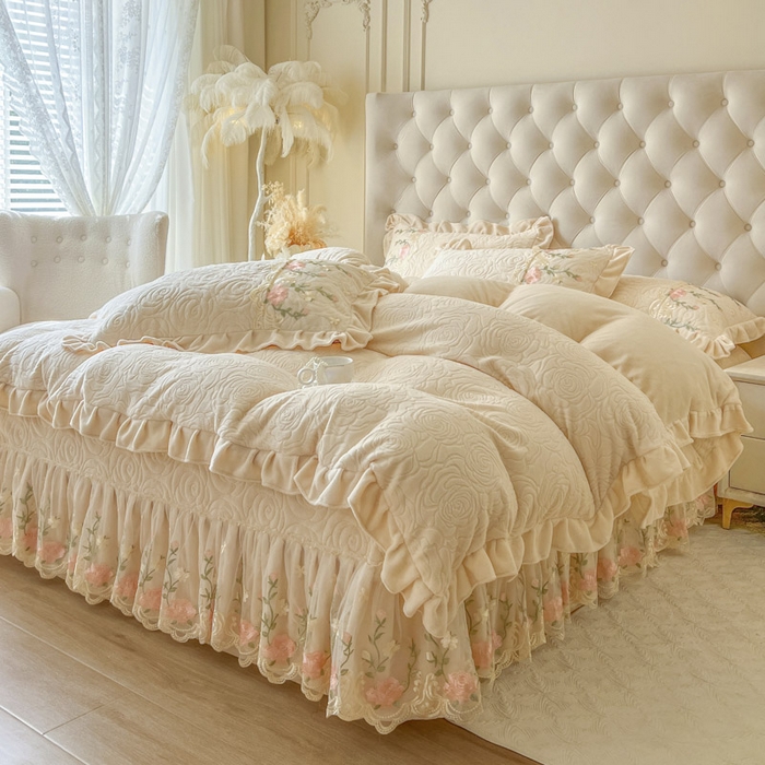 91家纺网 家纺一手货源 找家纺 恋尚 2025新款雕花牛奶绒保暖床盖四件套-巴黎春天（控价280） 巴黎春天-奶油白