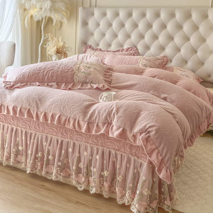 91家纺网 家纺一手货源 找家纺 恋尚 2025新款雕花牛奶绒保暖床盖四件套-巴黎春天（控价280） 巴黎春天-蜜桃粉