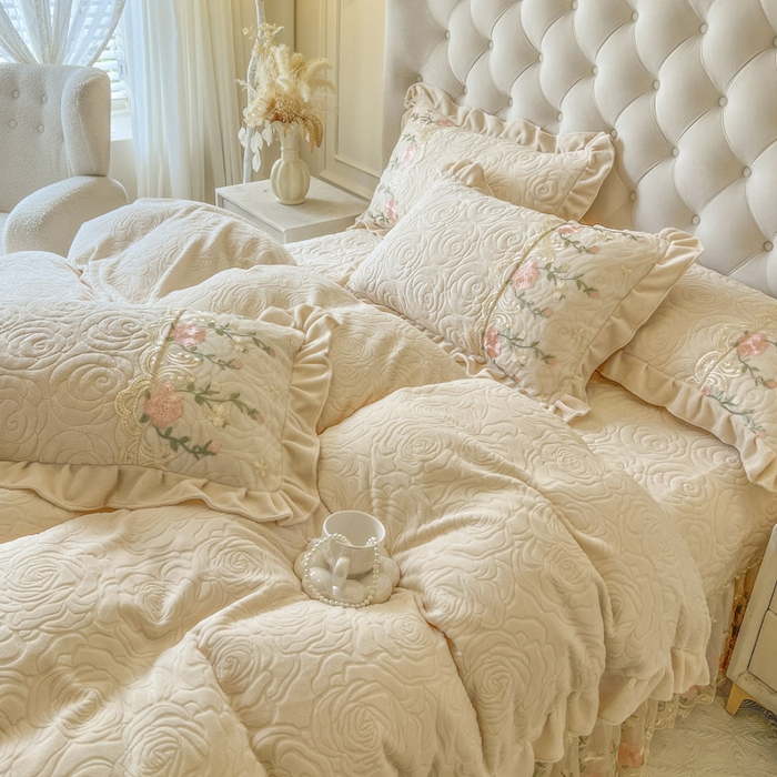 91家纺网 家纺一手货源 找家纺 恋尚 2025新款雕花牛奶绒保暖床盖四件套-巴黎春天（控价280） 巴黎春天-奶油白