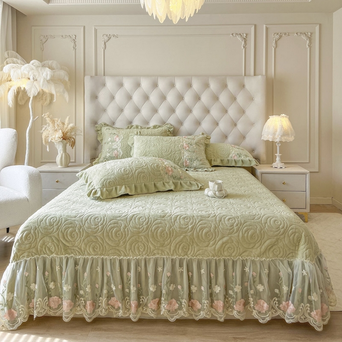 91家纺网 家纺一手货源 找家纺 恋尚 2025新款雕花牛奶绒保暖床盖四件套-巴黎春天（控价280） 巴黎春天-香草绿