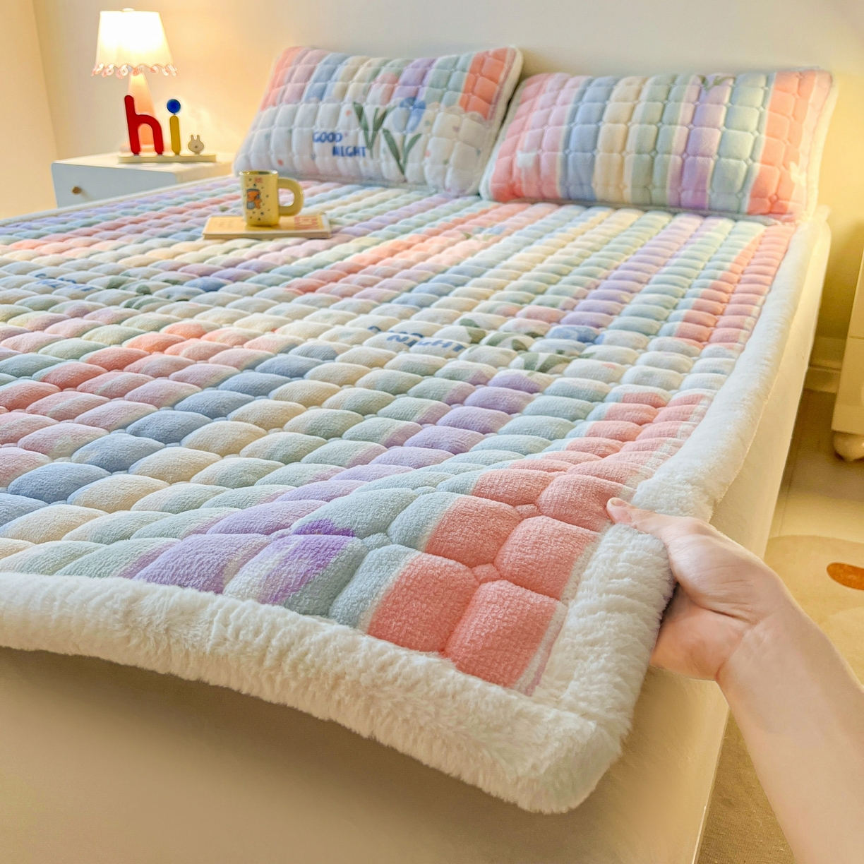 91家纺网 家纺一手货源 找家纺 喜居 2025新款A类水晶边牛奶绒夹棉床褥垫 彩虹郁金香