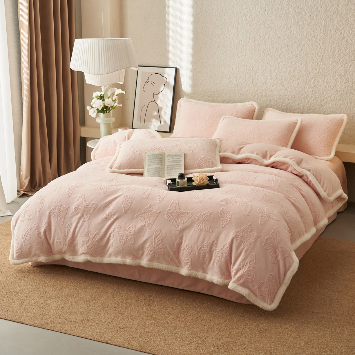 91家纺网 家纺一手货源 找家纺 晨曦家纺 2025新款加厚加绒牛奶绒雕花四件套暖暖少女温柔风 金粉世家-粉