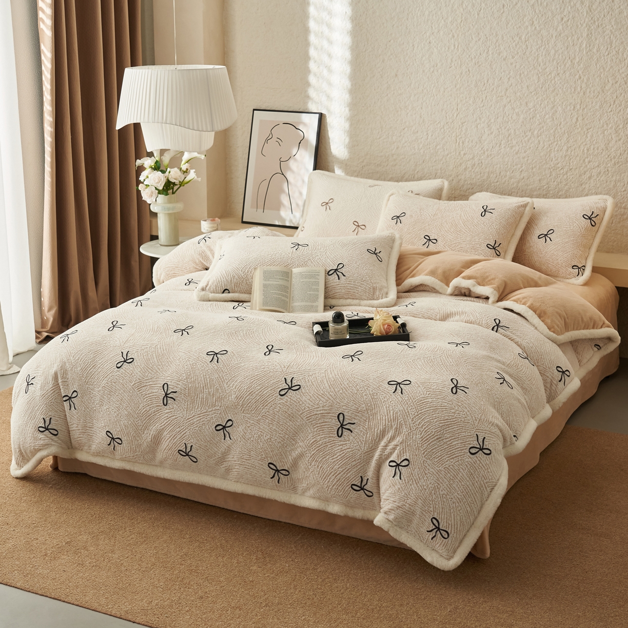 91家纺网 家纺一手货源 找家纺 晨曦家纺 2025新款加厚加绒牛奶绒雕花四件套暖暖少女温柔风 小时光-魅力黑