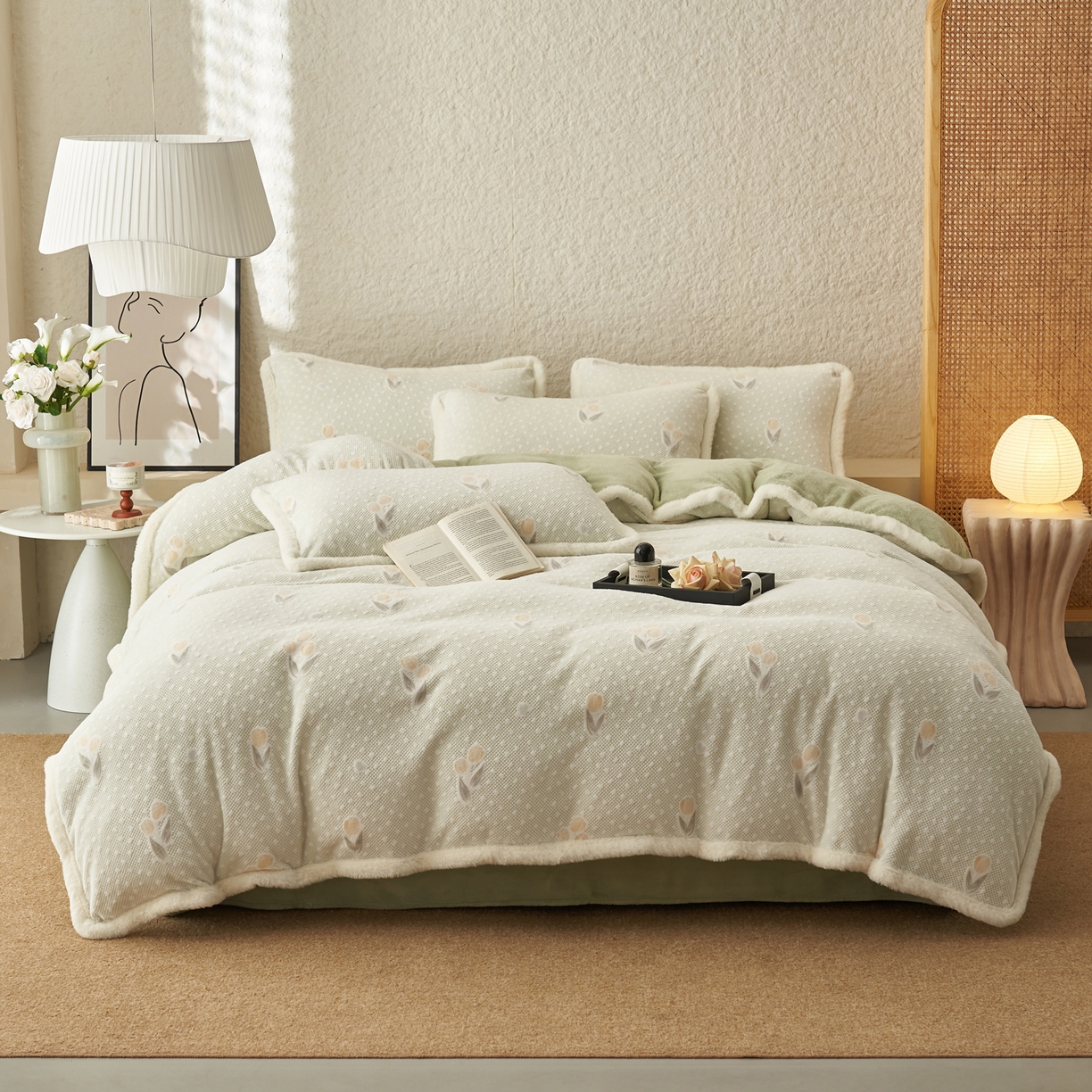 91家纺网 家纺一手货源 找家纺 晨曦家纺 2025新款加厚加绒牛奶绒雕花四件套暖暖少女温柔风 郁金物语-奶昔绿