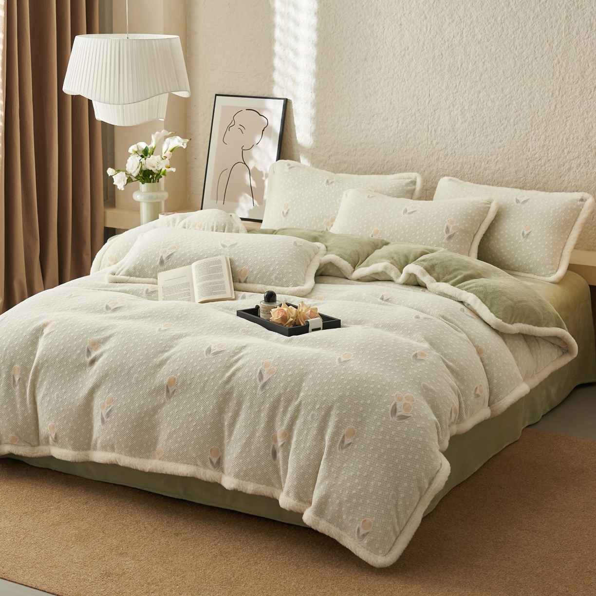 91家纺网 家纺一手货源 找家纺 晨曦家纺 2025新款加厚加绒牛奶绒雕花四件套暖暖少女温柔风 郁金物语-奶昔绿