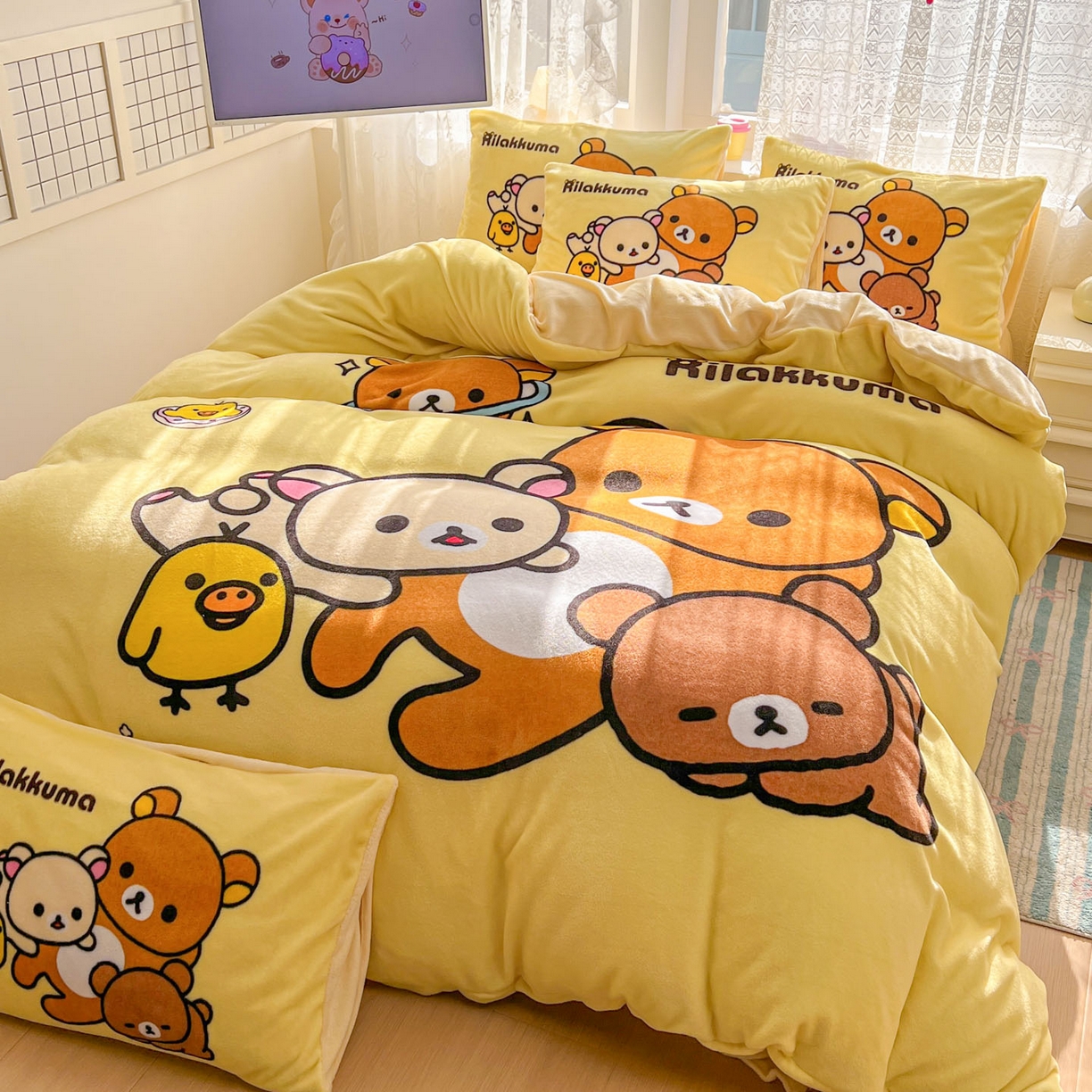 91家纺网 家纺一手货源 找家纺 浩诚 2025新款高克重牛奶绒大版卡通四件套 开心小熊